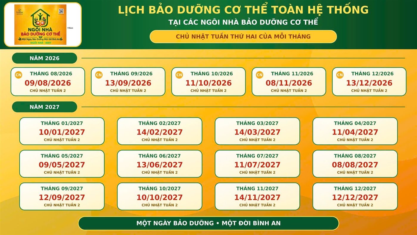 Lịch bảo dưỡng cơ thể toàn hệ thống tại các Ngôi Nhà Bảo Dưỡng Cơ Thể